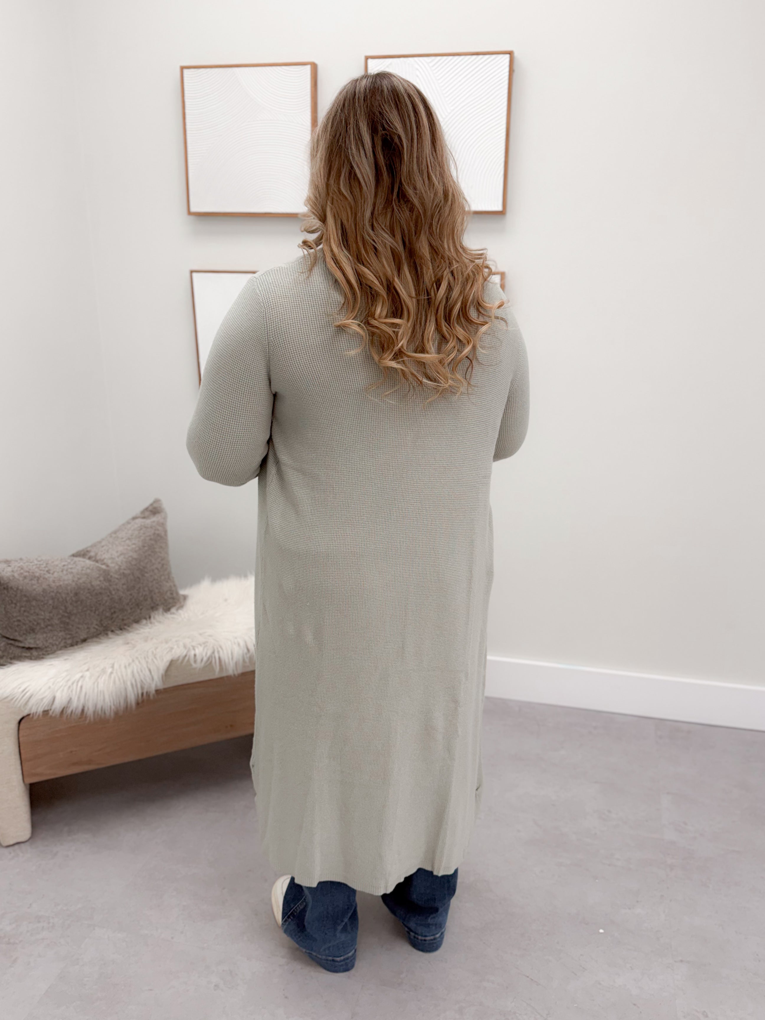 Cora Waffle Longline Cardigan in Sage
