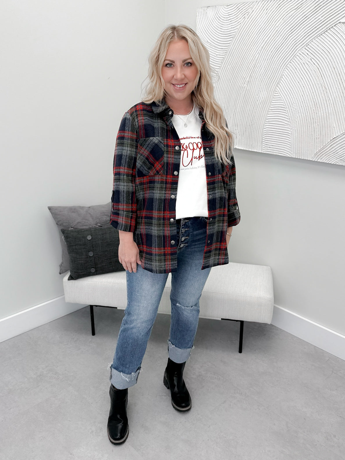 Cranberry Plaid Shacket in Navy - Small