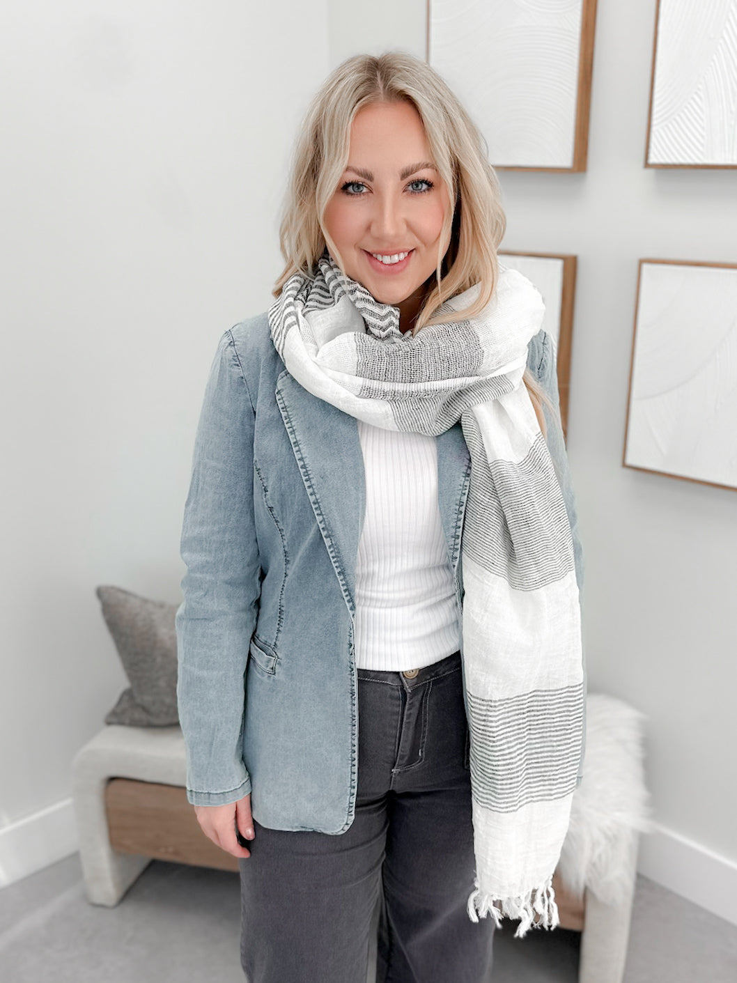 Nola Linen Scarf in Charcoal Stripe