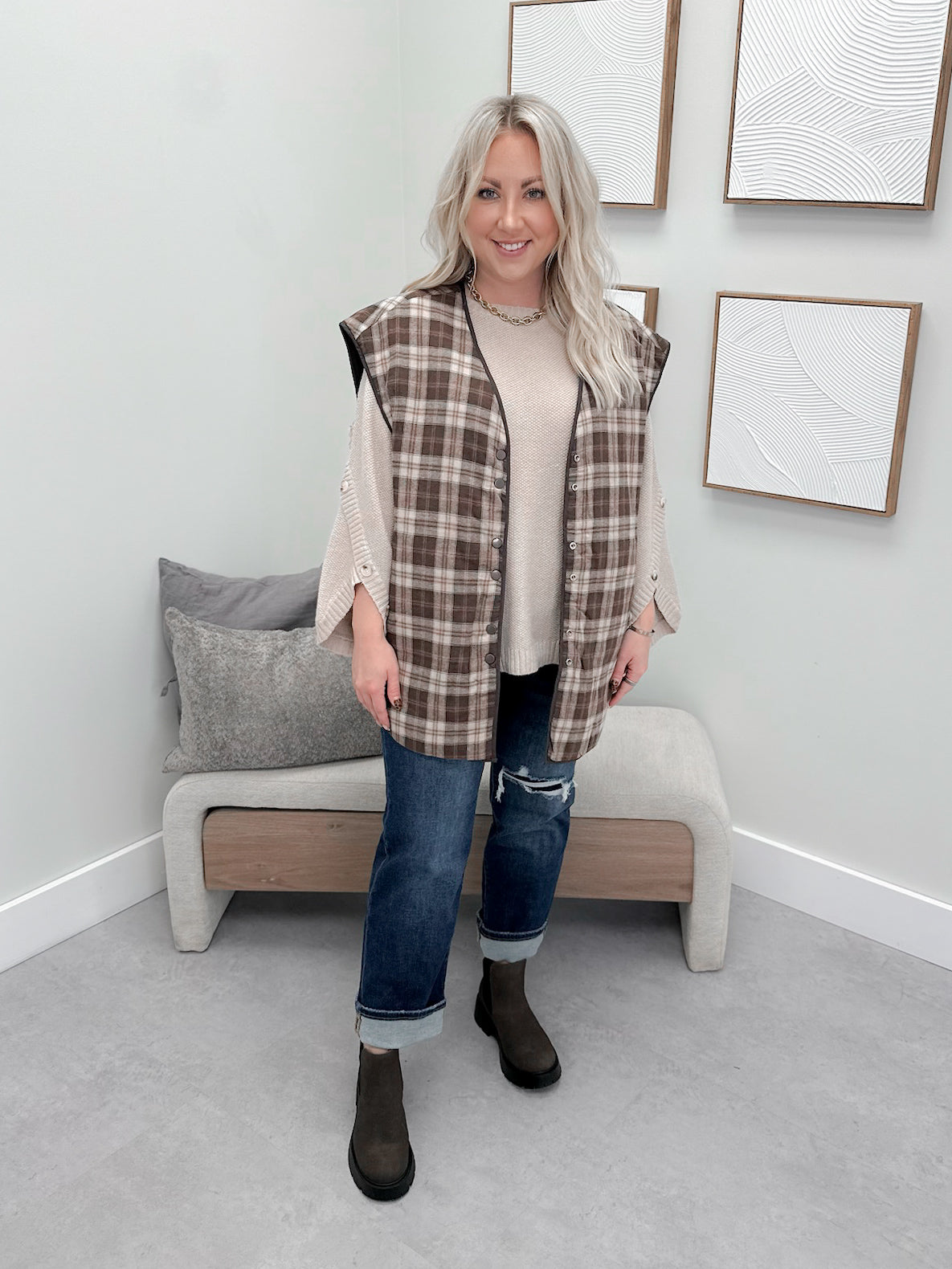 Frankel Reversible Vest in Brown Plaid/Chocolate