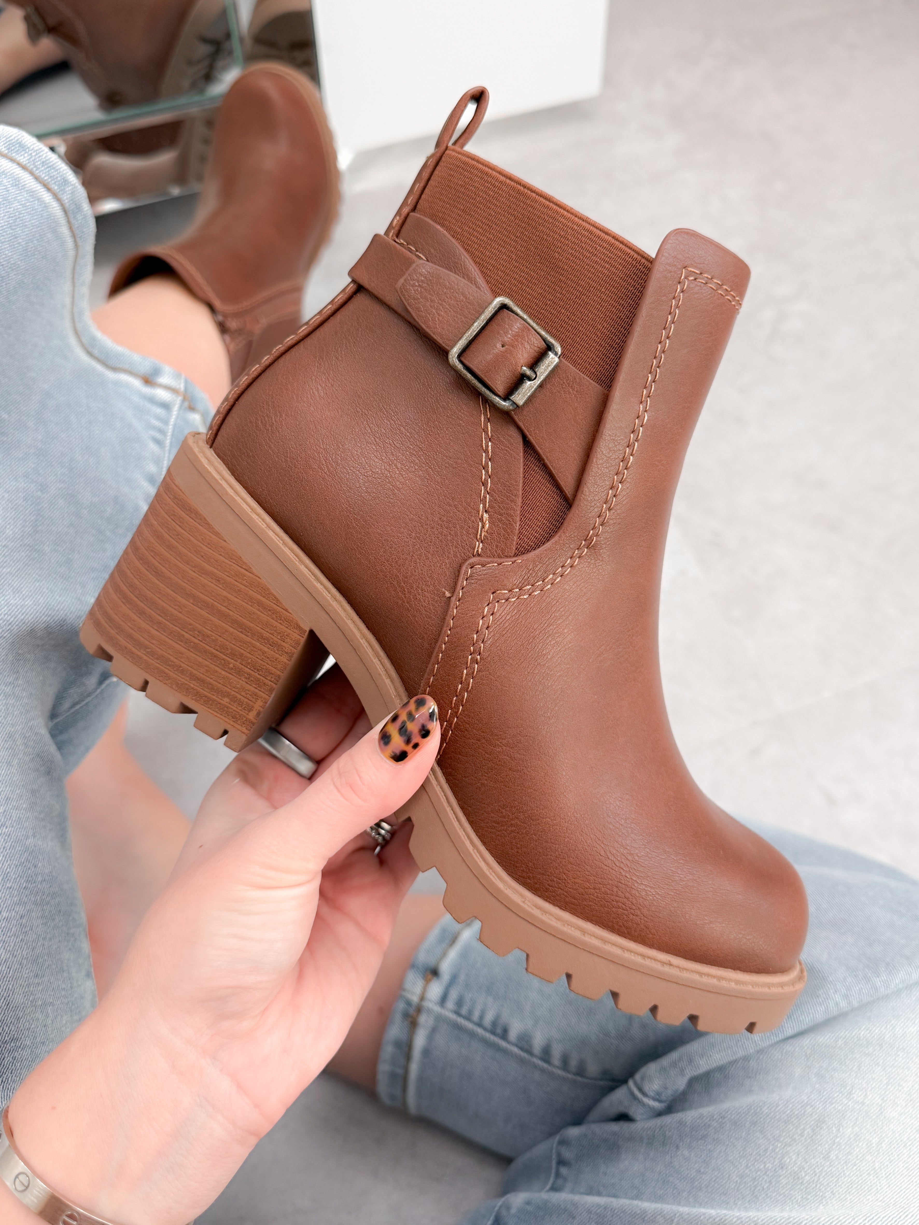 Block Heel Ankle Bootie in Tan