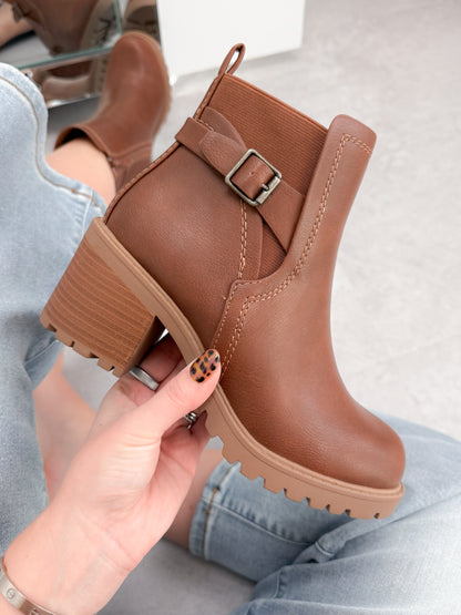 Block Heel Ankle Bootie in Tan