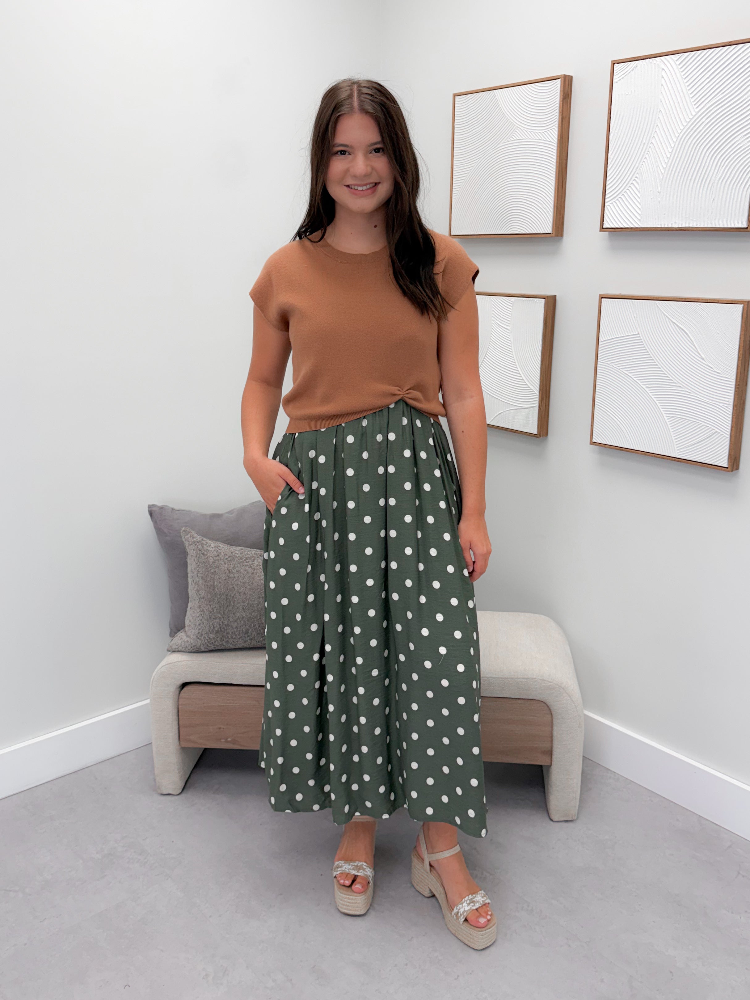 Audrey 2 Piece Dress in Olive Polka Dot