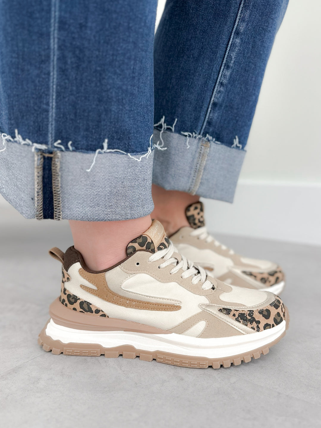 Leo Lace Up Lug Trainer Shoes in Gold Leopard by Blowfish