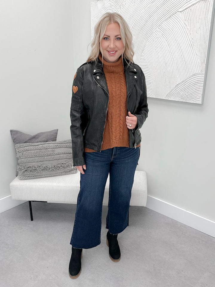 Reo Heart Moto Leather Jacket in Black/Cognac by Mauritius