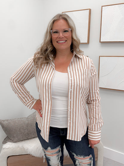 Devora Stripe Button Up in Taupe