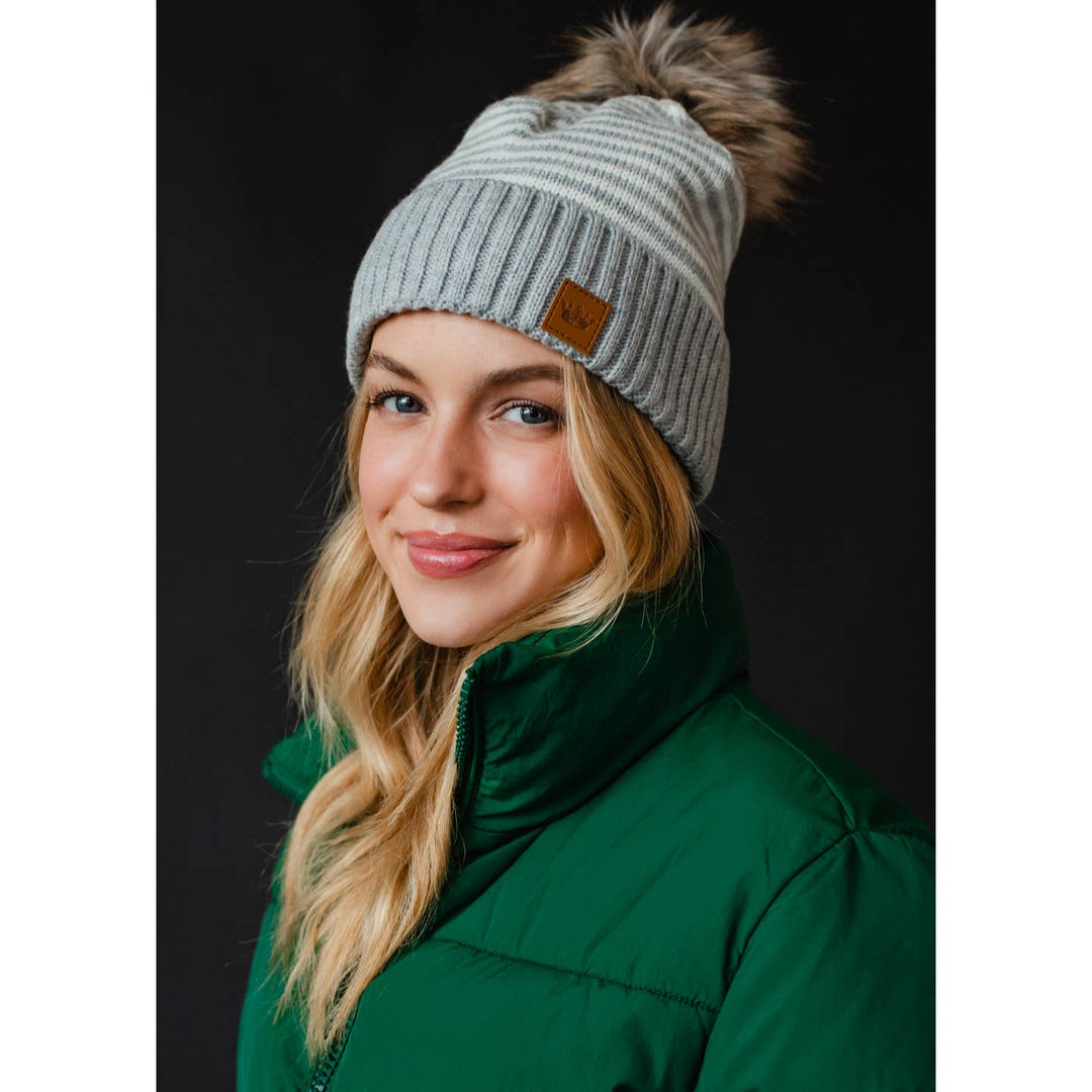 Snowball Pom Pom Toque in Grey & Ivory