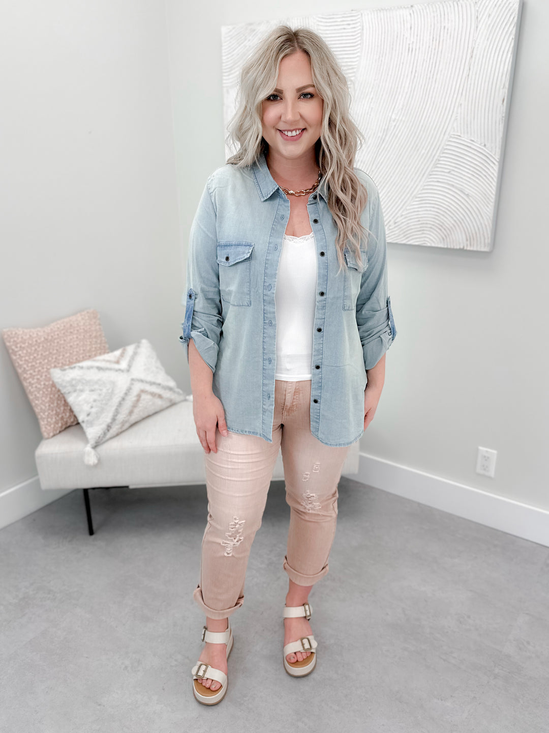 Chambray Button Up in Light Wash by Grace & Lace
