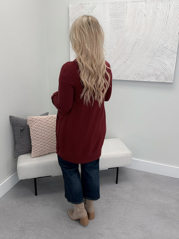 Soft Longline Pocket Cardigan in Burgundy