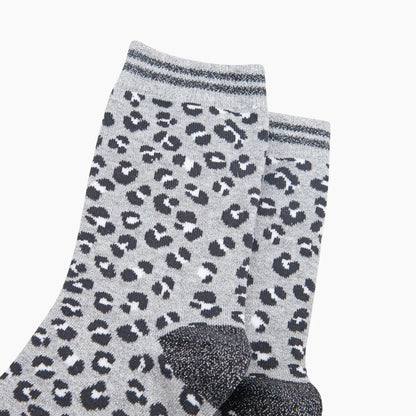Leopard Print Glitter Combed Cotton Socks in Grey