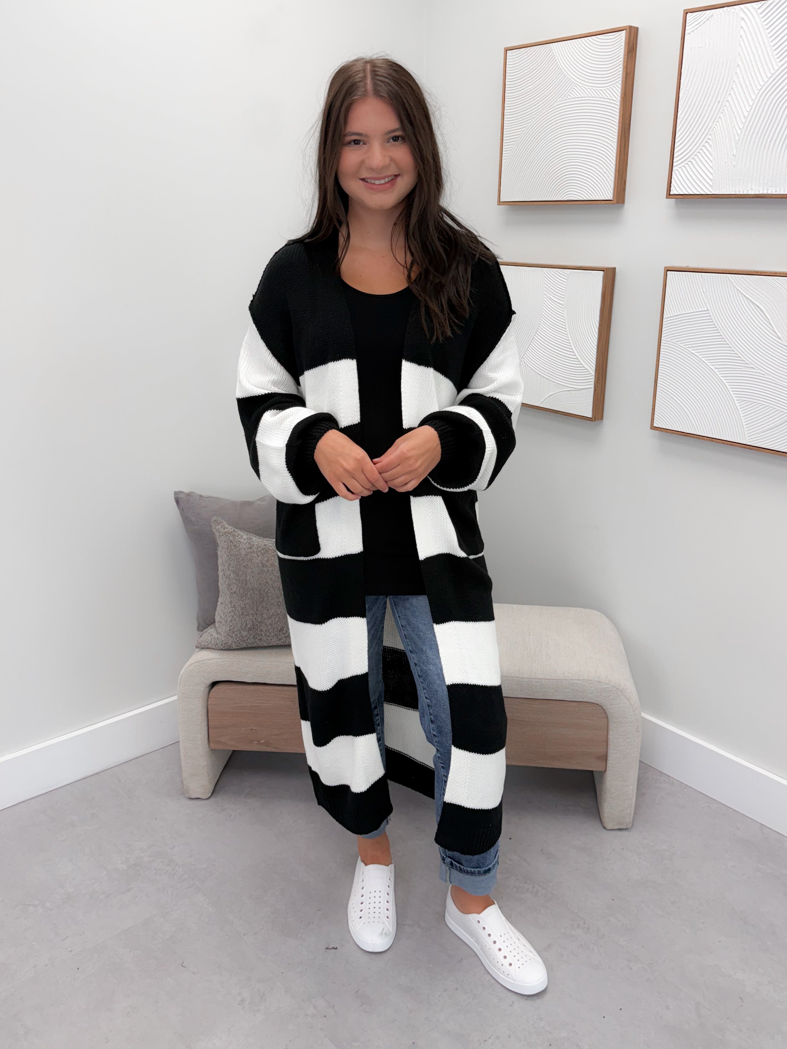 Dinah Striped Long Cardigan in Black