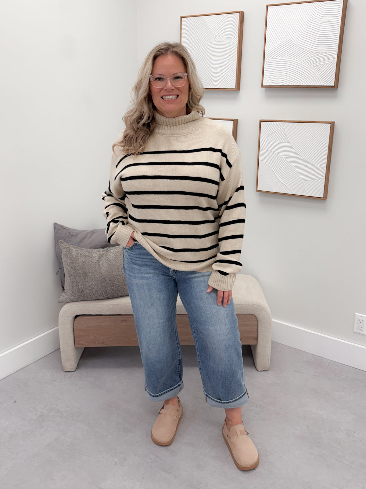 Mirren Striped Sweater in Khaki (Curvy Only)
