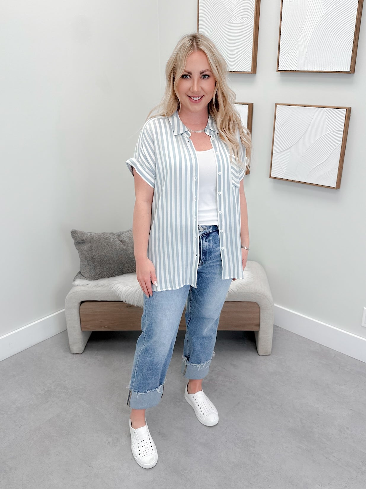 Lottie Button Up Top in Blue Stripes - L/O Small