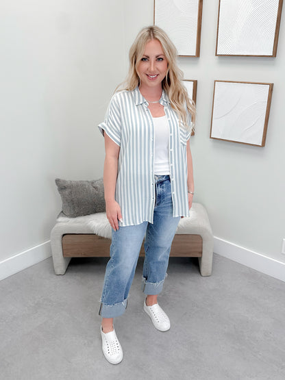Lottie Button Up Top in Blue Stripes - L/O Small