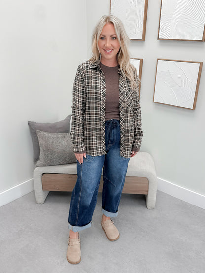 Forest Button Up in Olive Plaid