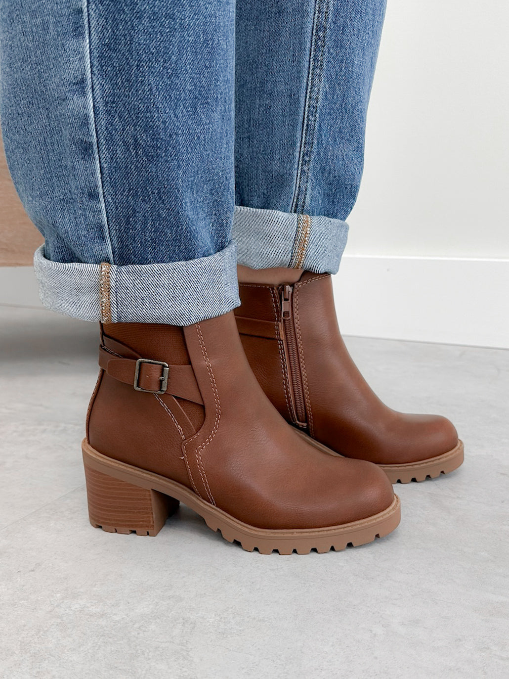 Block Heel Ankle Bootie in Tan