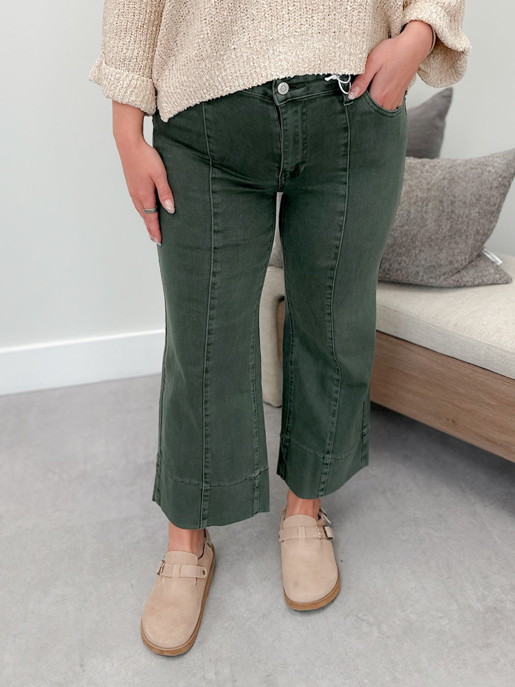 Zen Mid Rise Cropped Flare Denim in Olive
