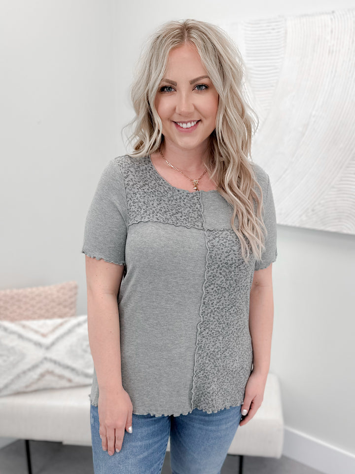 Patched Ribbed Knit Tee in Heather Grey by Grace & Lace