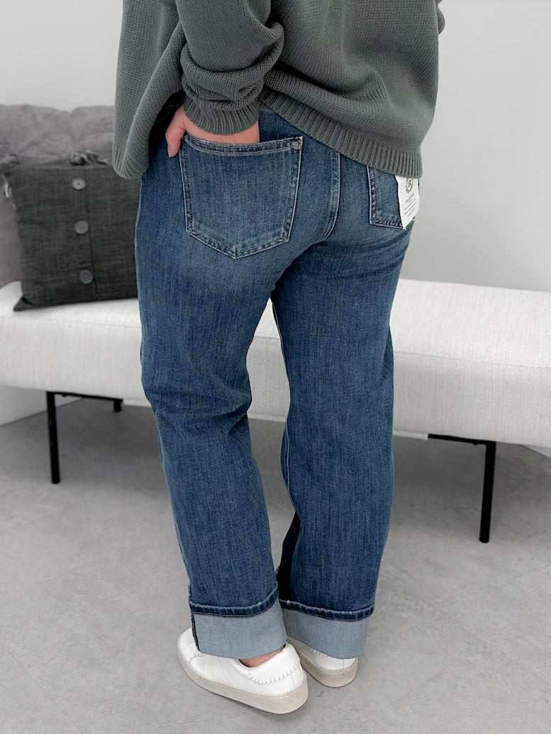 Orion Straight Leg Cuffed Jeans in Dark Wash by Risen