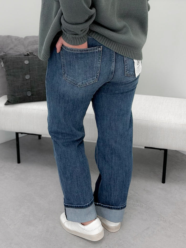 Orion Straight Leg Cuffed Jeans in Dark Wash by Risen