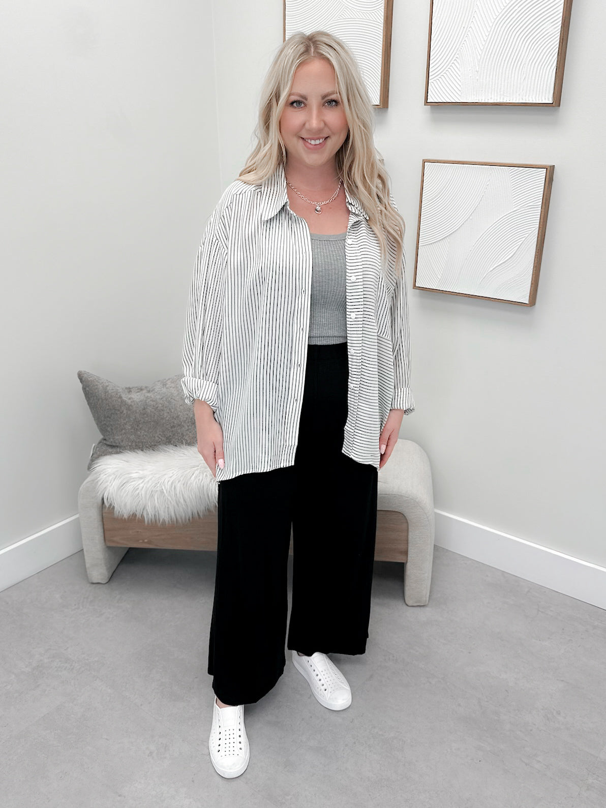 Eddie Button Up Top in Charcoal Stripe