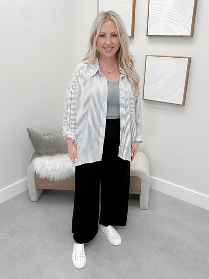 Eddie Button Up Top in Charcoal Stripe