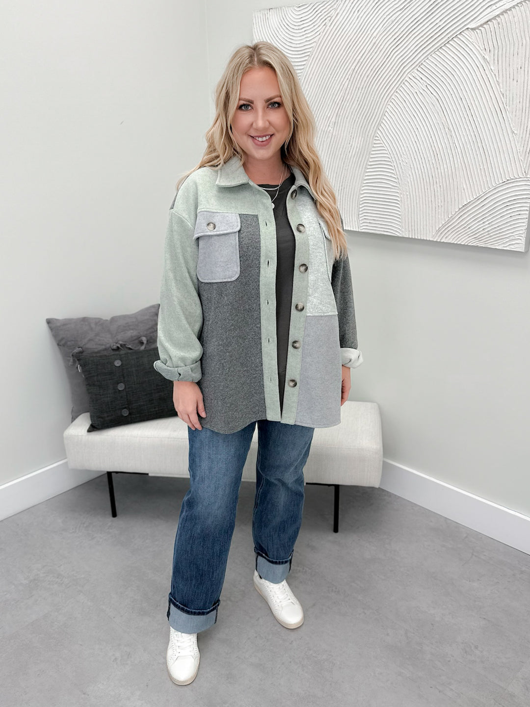 Frosty Shacket in Colorblocked Sage