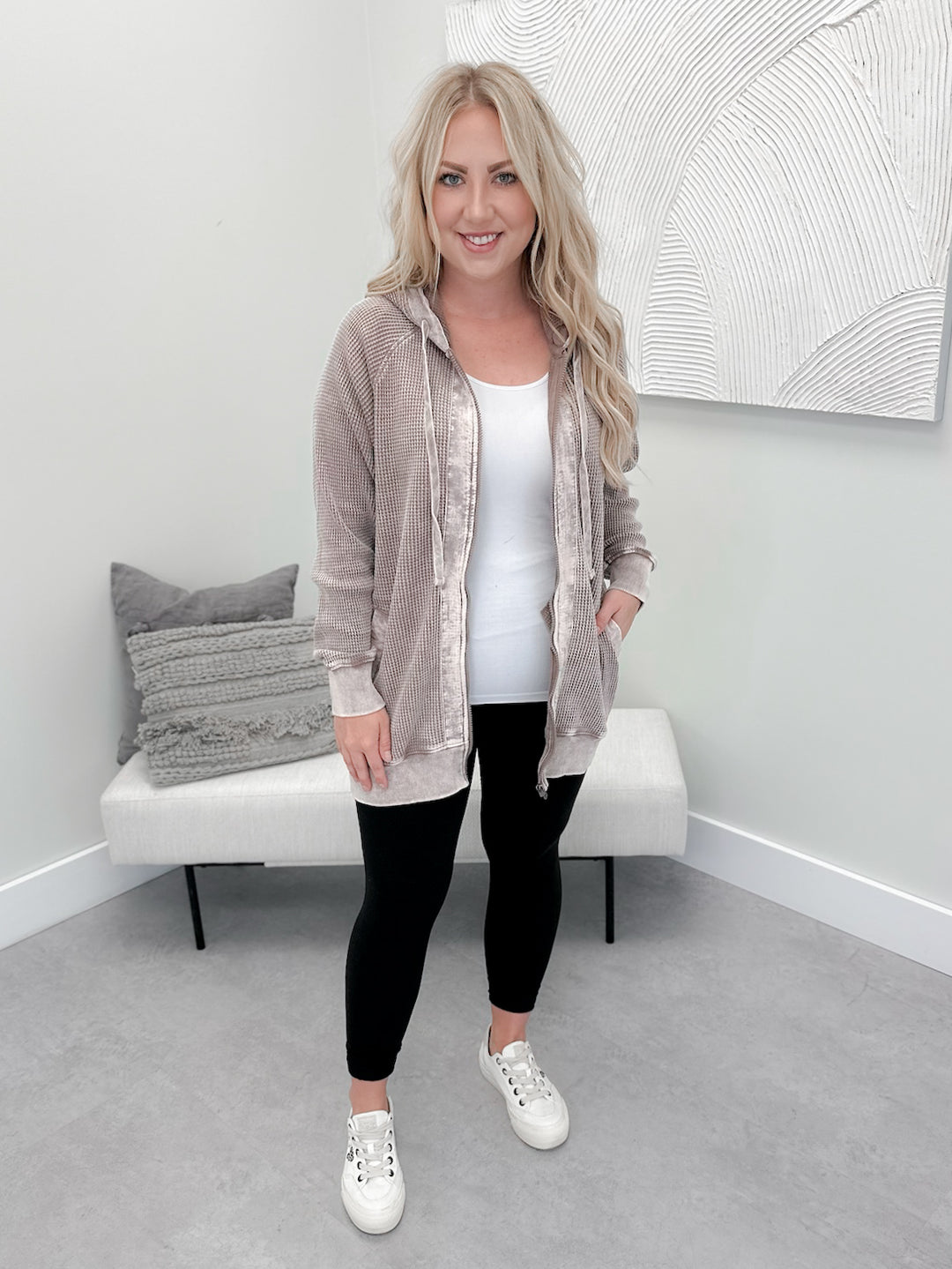 Juno Waffle Full Zip Hoodie in Deep Taupe