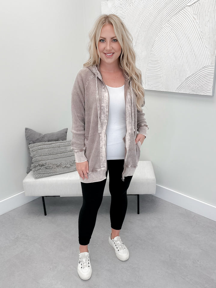Juno Waffle Full Zip Hoodie in Deep Taupe