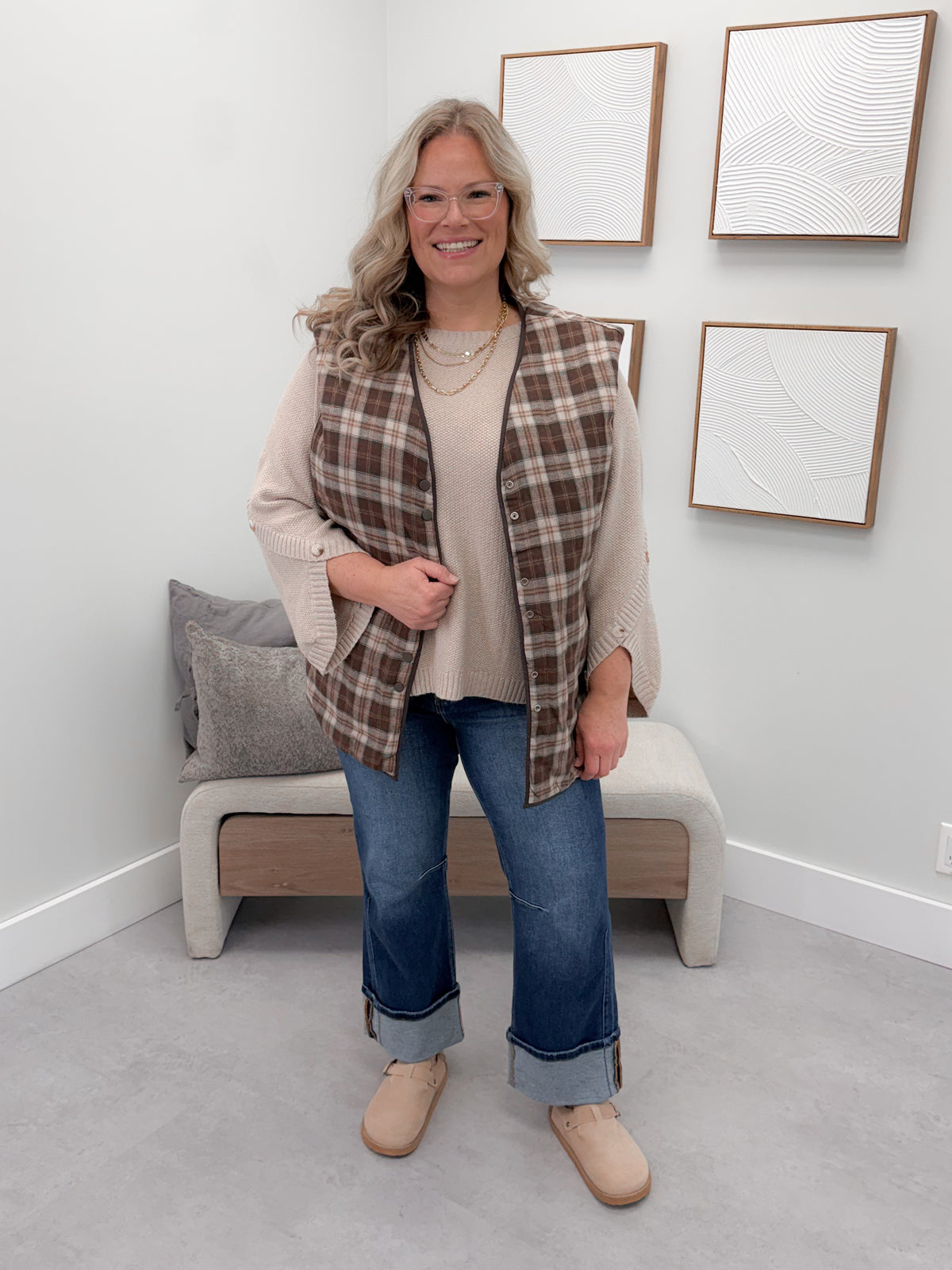 Frankel Reversible Vest in Brown Plaid/Chocolate