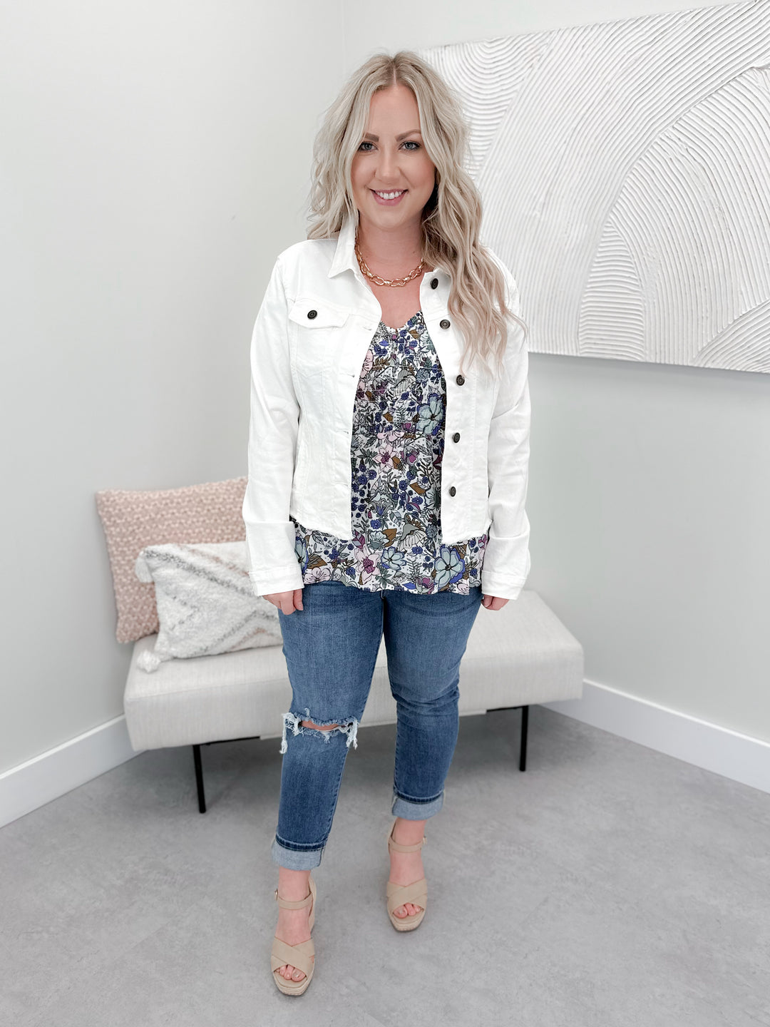 Soft Wash Denim Jacket in White by Grace & Lace
