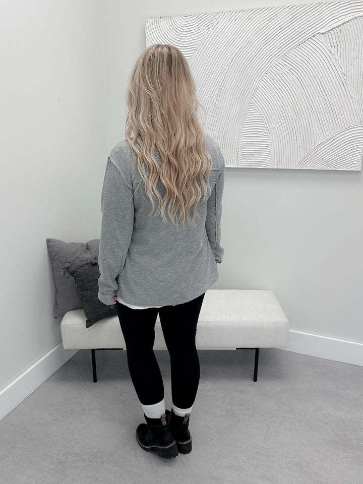 Waffle Knit Button Top in Grey