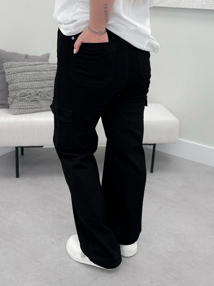 Ophelia Wide Leg Cargo Black Denim by Judy Blue