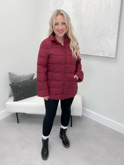 Lightweight Puffer Coat in Burgandy