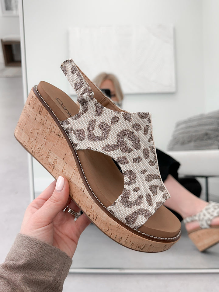 Carley Wedge Sandal in Tan Sparkle by Corkys