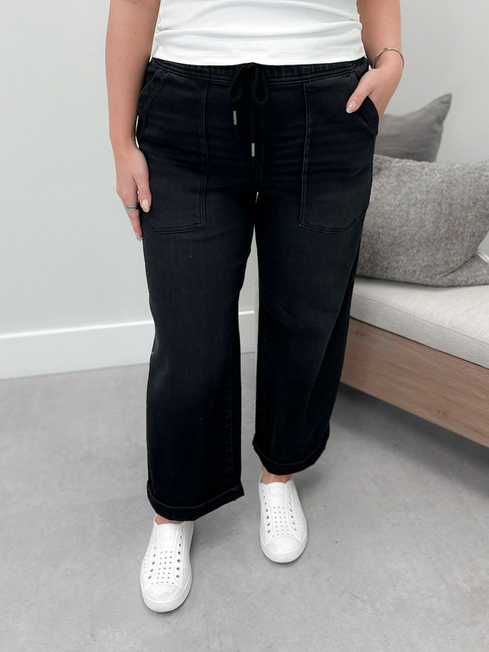 Runaway High Rise Stretch E-Band Jeans in Black by Risen