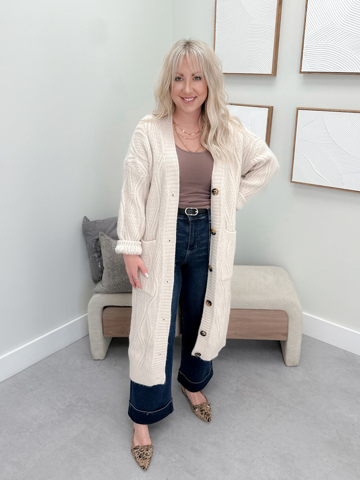 Primrose Long Cardigan in Almond. by Pol