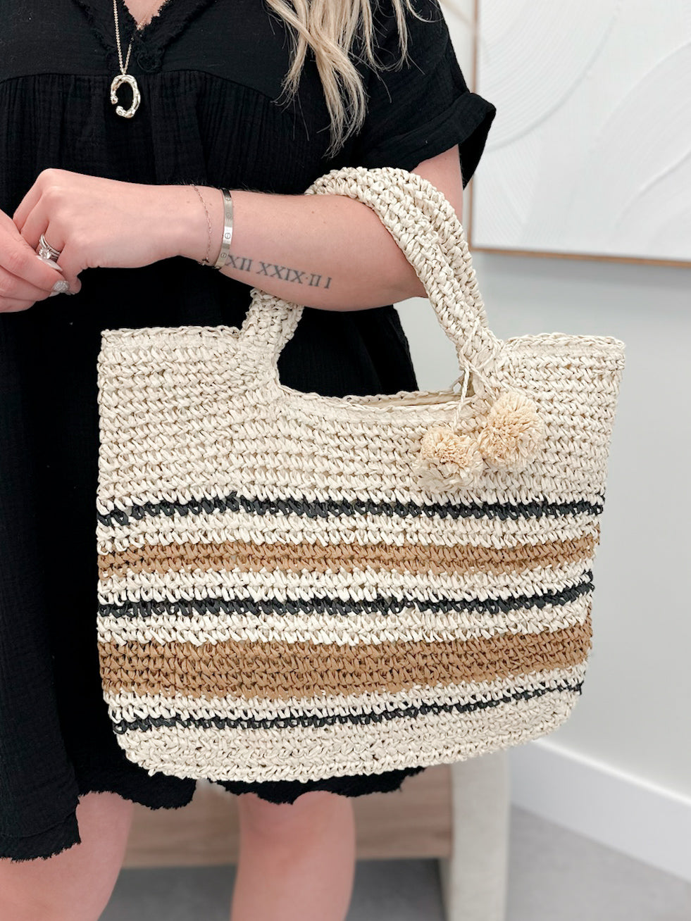 Striped Straw Braided Tote Bag