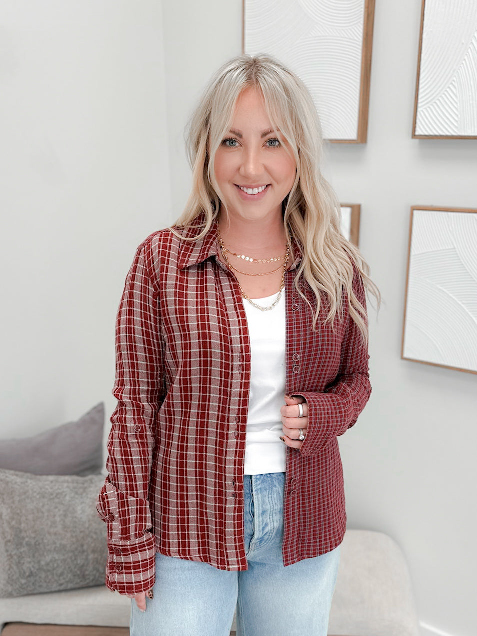 Benny Slim Plaid Button Down in Red Rust by Free People