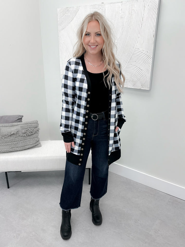 Snap It Out Cardi in Black & White Plaid