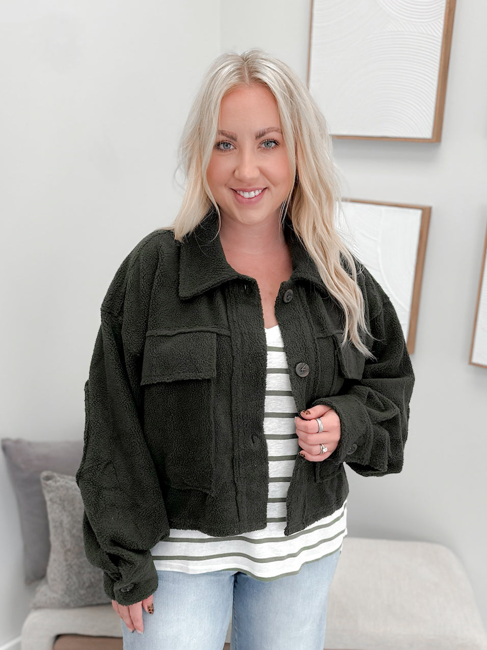 Cozy Up Cropped Jacket in Olive