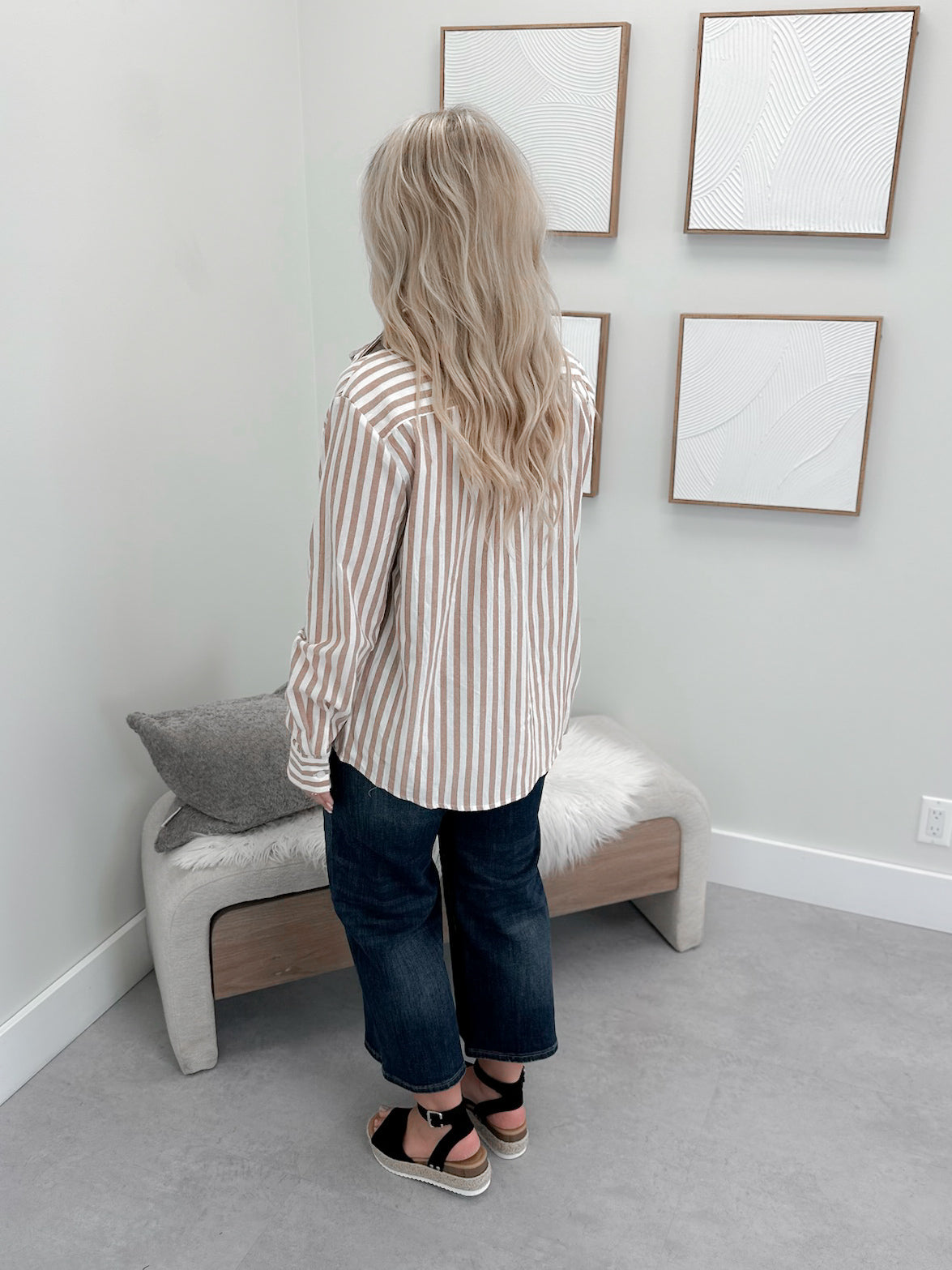 Devora Stripe Button Up in Taupe