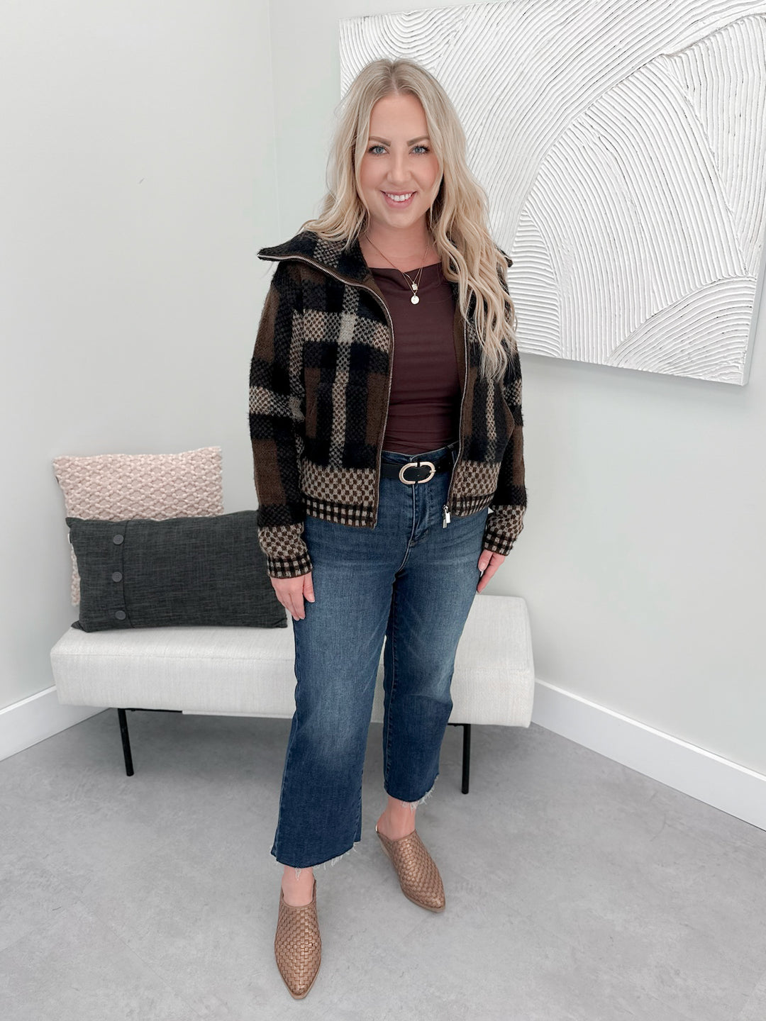 Checked Cropped Full Zip in Mixed Brown