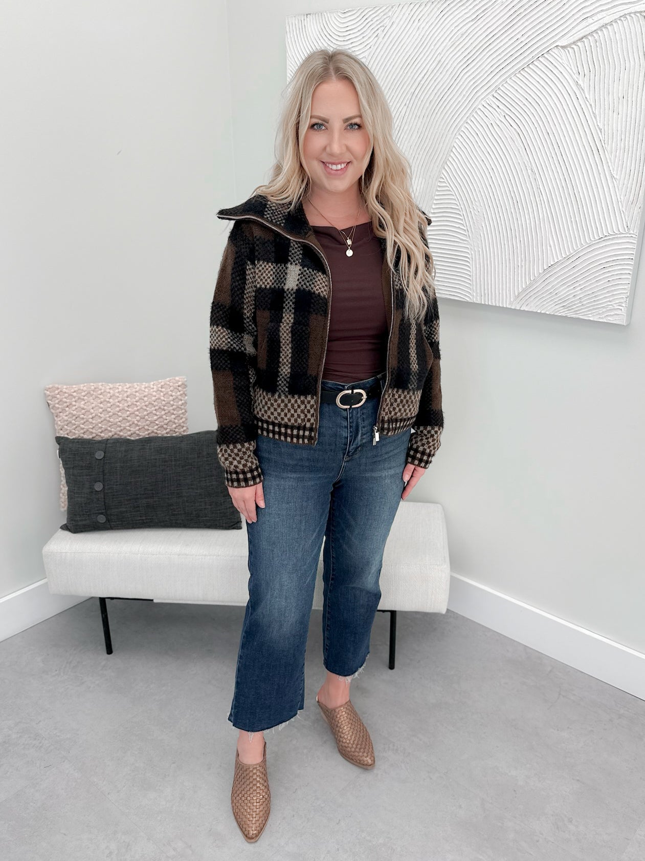 Checked Cropped Full Zip in Mixed Brown