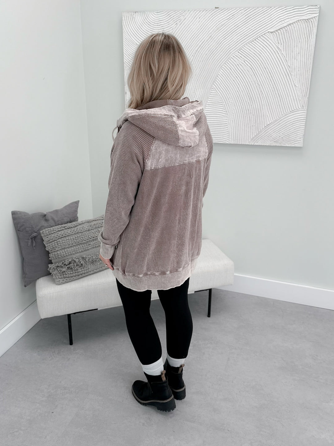 Juno Waffle Full Zip Hoodie in Deep Taupe
