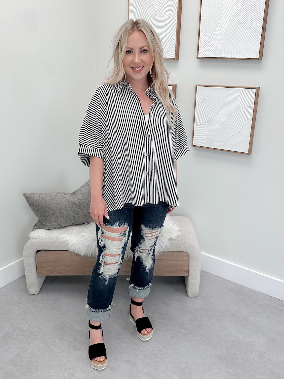 Domino Button Up Top in Black Stripe
