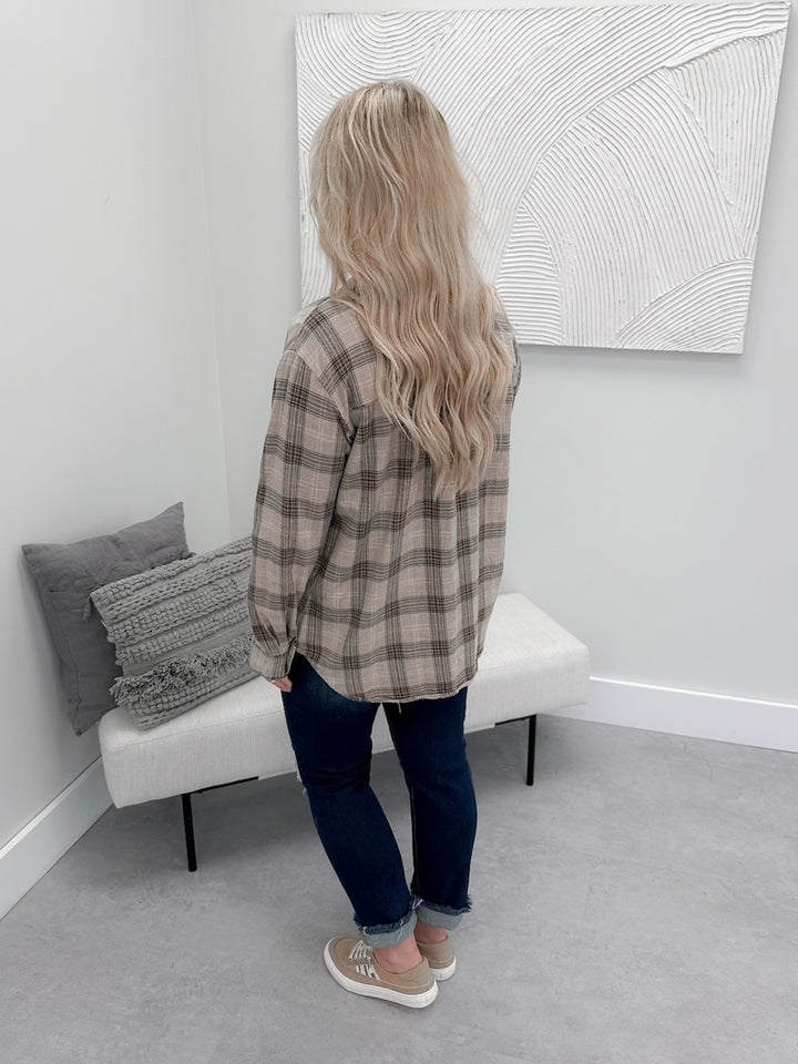 Banyan Plaid Button Up Top in Mushroom
