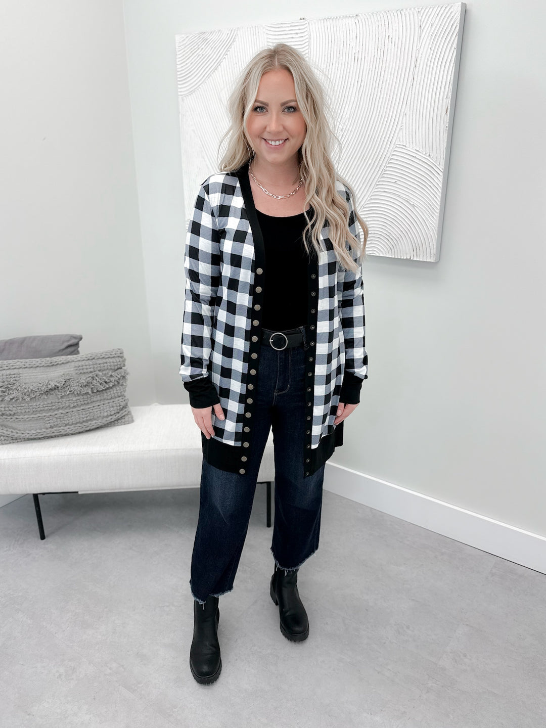 Snap It Out Cardi in Black & White Plaid