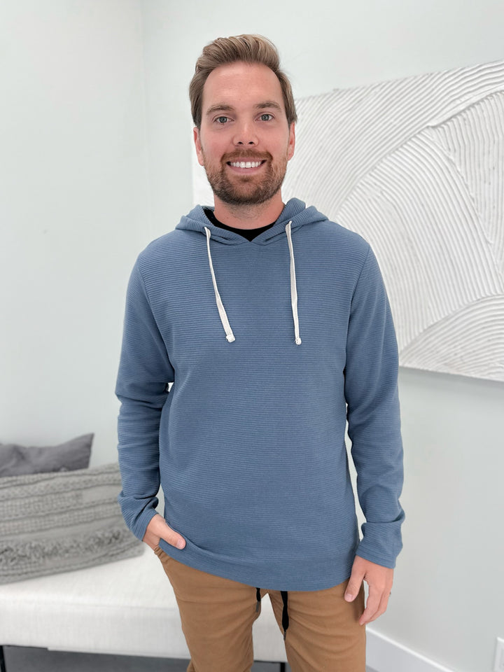 Carson Mens Ribbed Hoodie in Blue Horizon