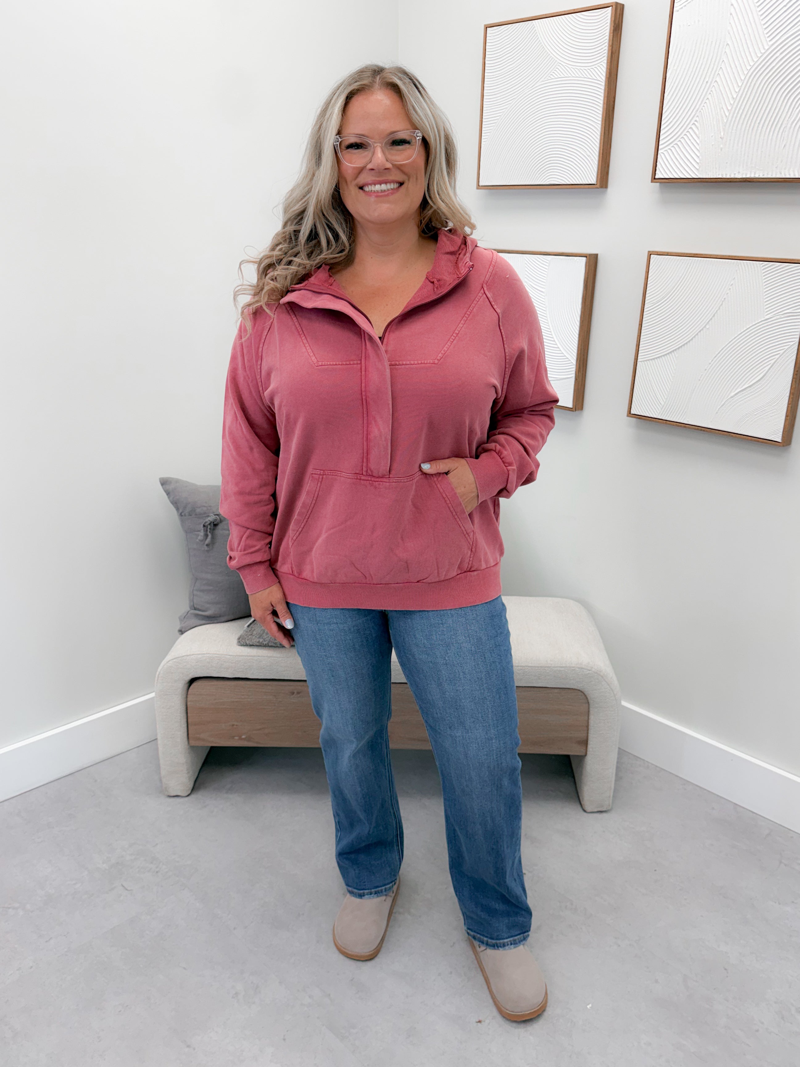 Ryker Half Zip Hoodie in Vintage Wash Berry